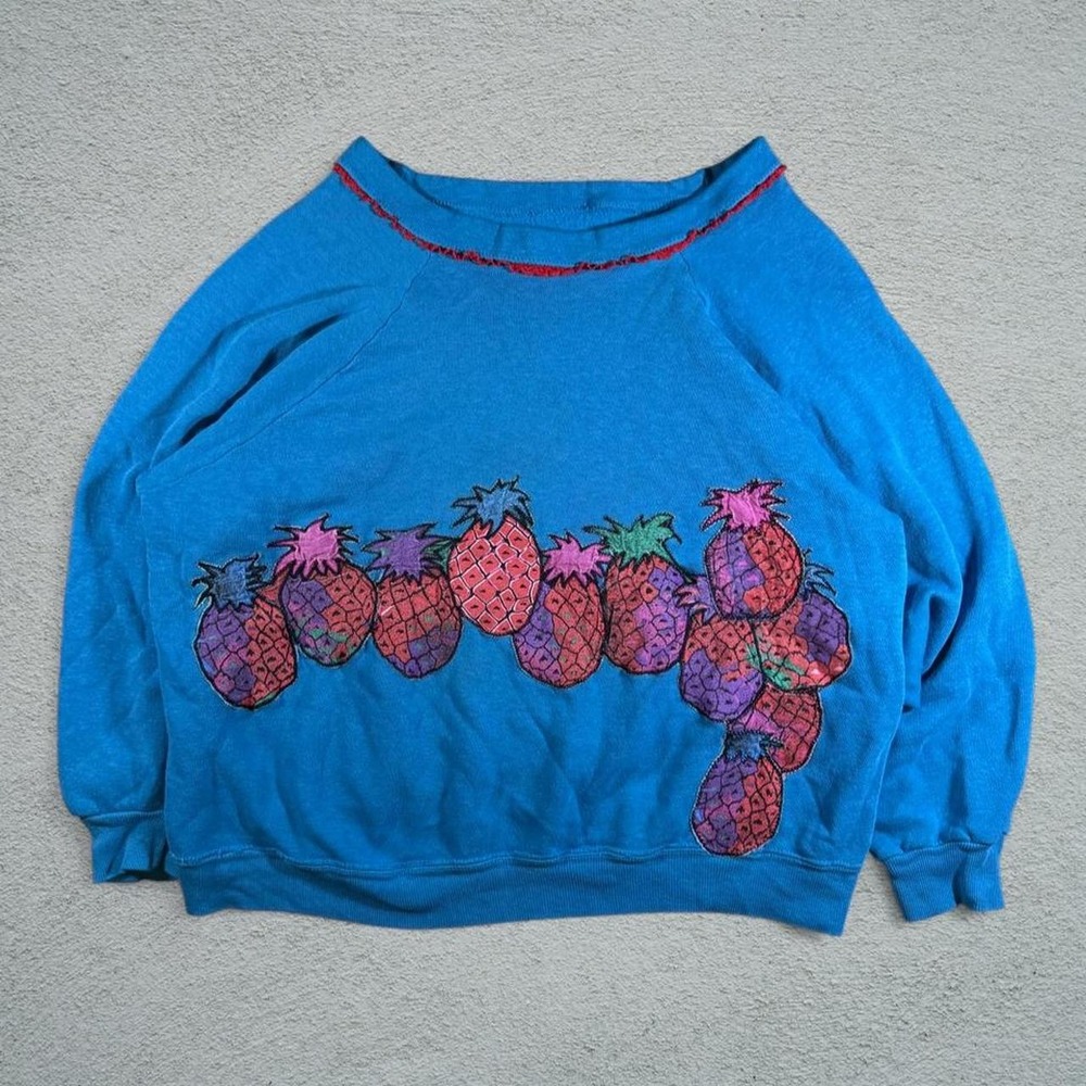 Vintage 80s Blue Pineapple Stitched Crewneck Sweatshirt Womens XL Raglan Retro